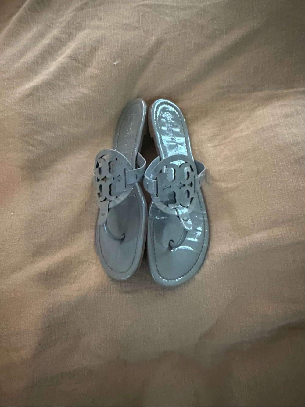 Tory Burch Gray Patent Logo Thong Sandals
